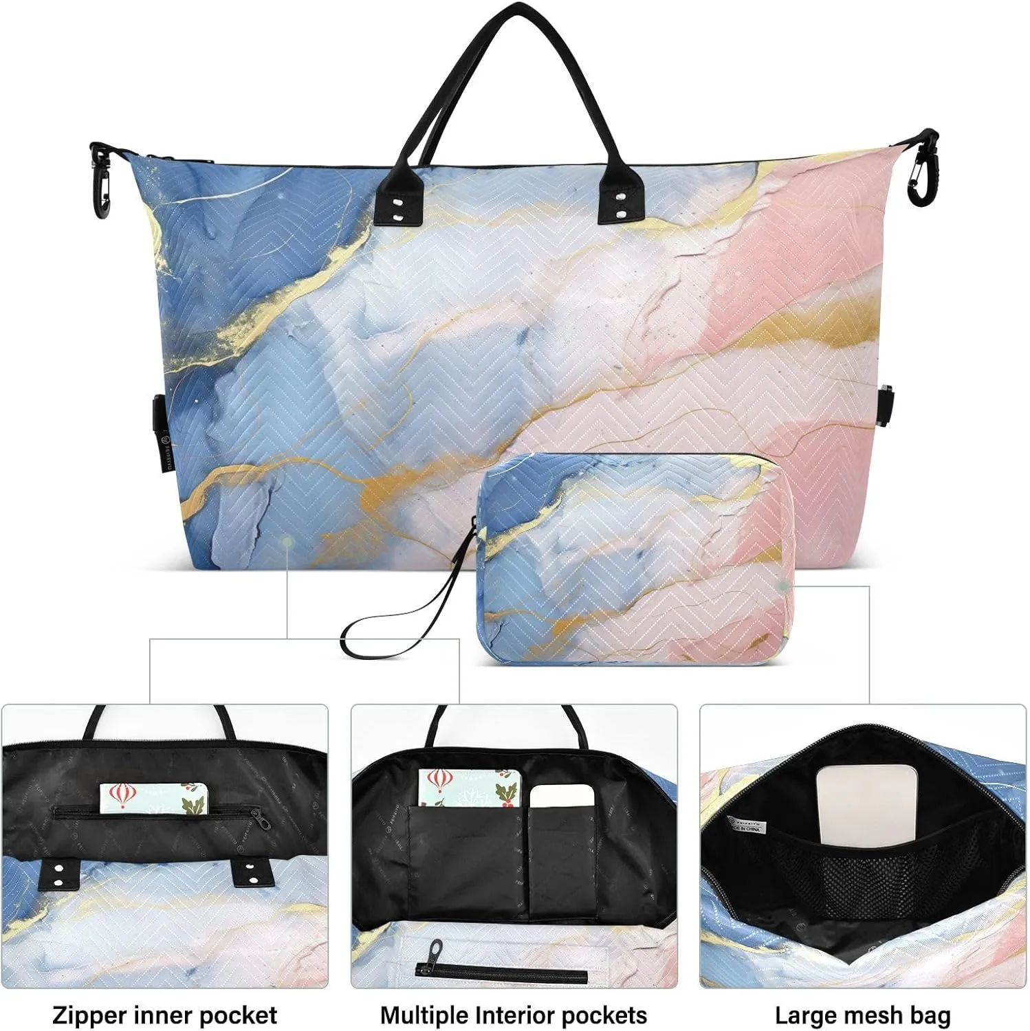 Blue Golden Marble Travel Duffle Bag Quilt Gym Bag Carry On Bag Weekender Bags Overnight Bag with Make Up Bag for Ladies Women Airplane Trip Travel Essentials Gifts