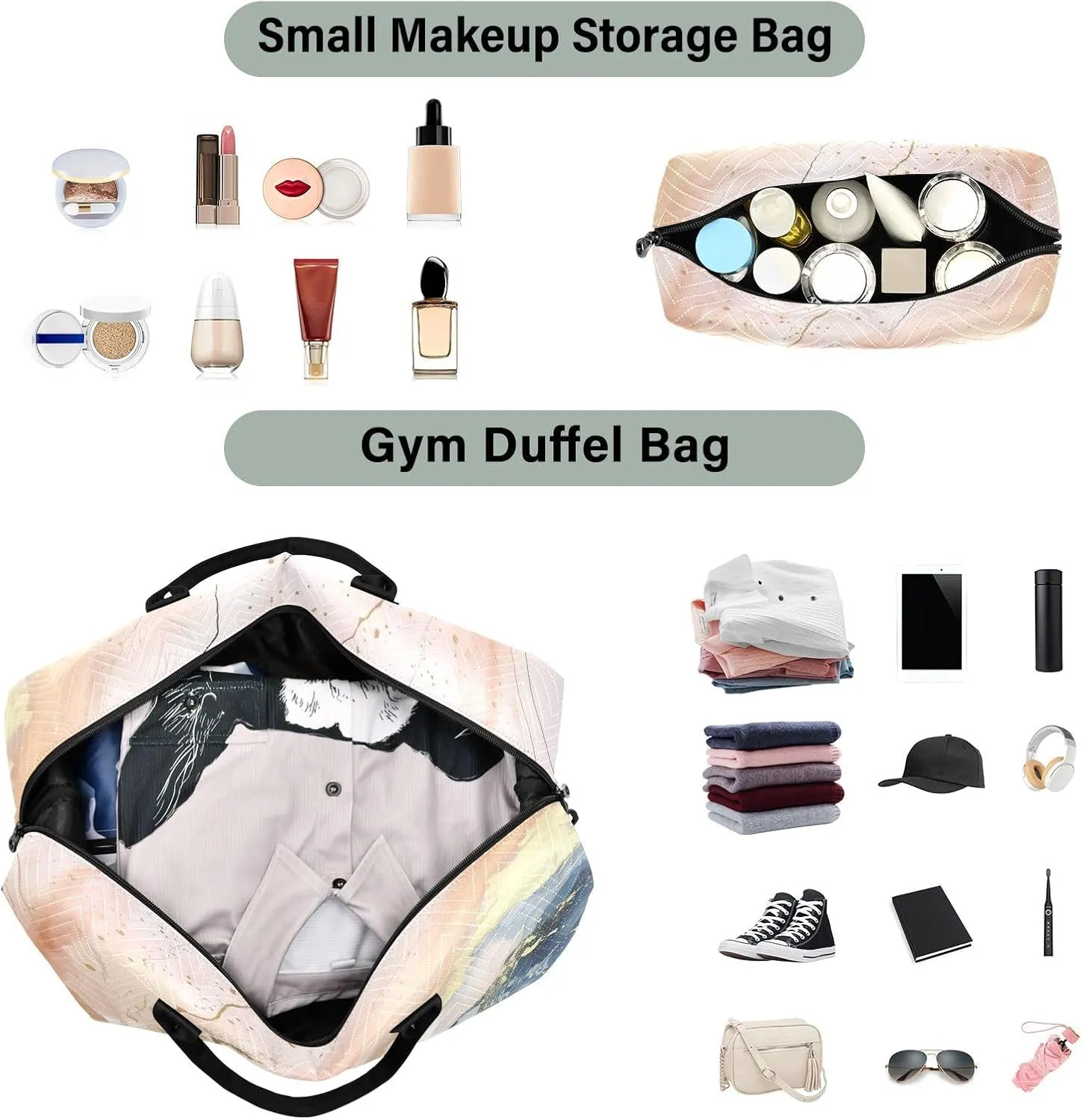 Blue Pink Golden Marble Travel Duffle Bag Gym Bag Weekender Bags Carry On Bag Quilt Overnight Bag with Make Up Bag for Women Trip Ladies Airplane Travel Essentials Gifts