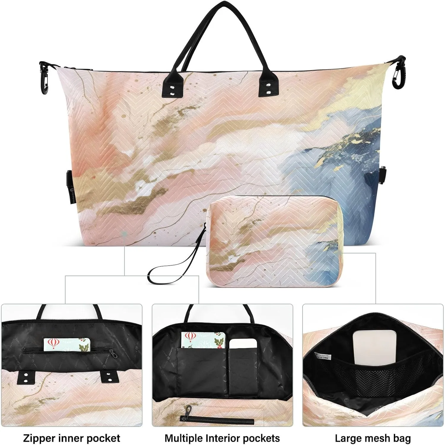 Blue Pink Golden Marble Travel Duffle Bag Gym Bag Weekender Bags Carry On Bag Quilt Overnight Bag with Make Up Bag for Women Trip Ladies Airplane Travel Essentials Gifts