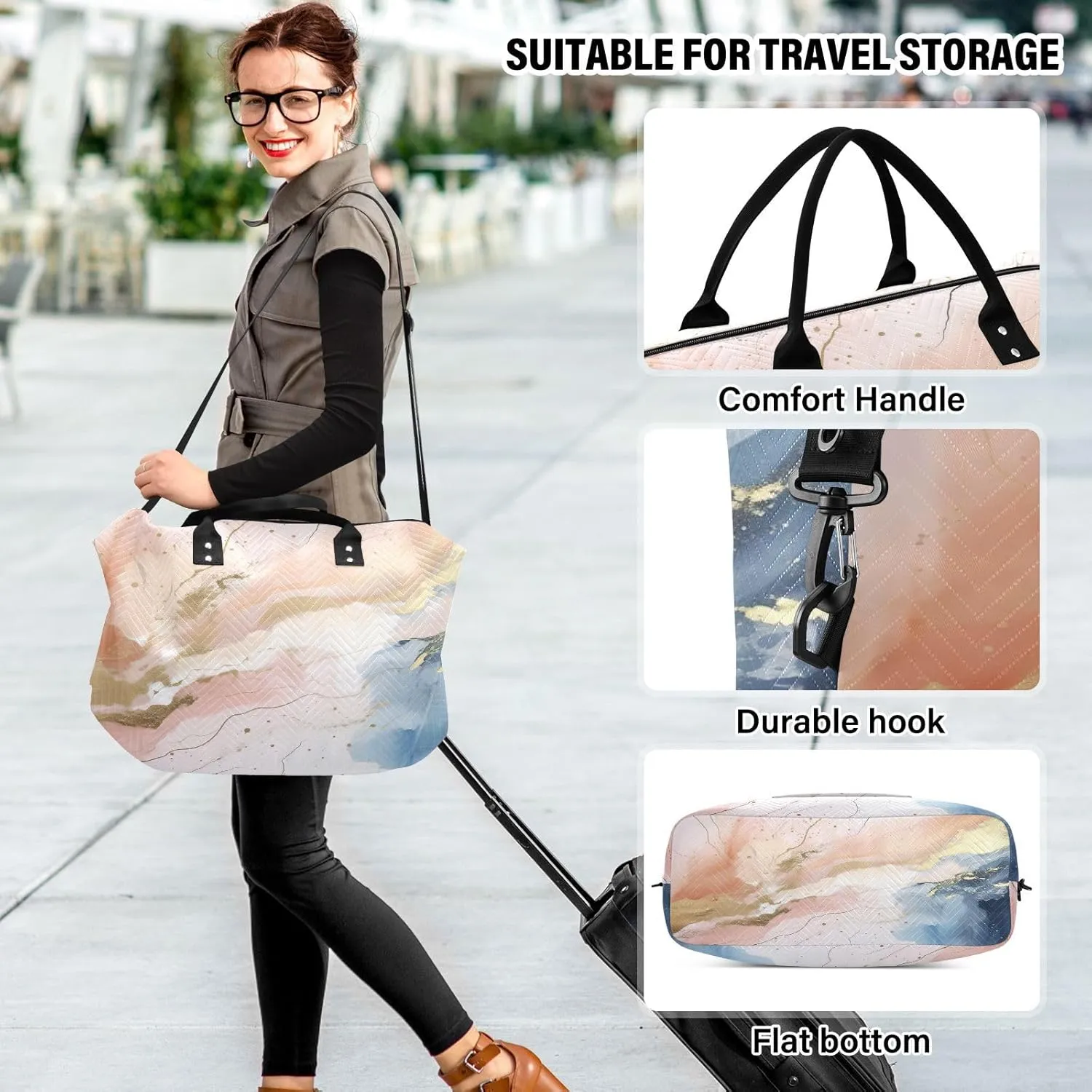 Blue Pink Golden Marble Travel Duffle Bag Gym Bag Weekender Bags Carry On Bag Quilt Overnight Bag with Make Up Bag for Women Trip Ladies Airplane Travel Essentials Gifts