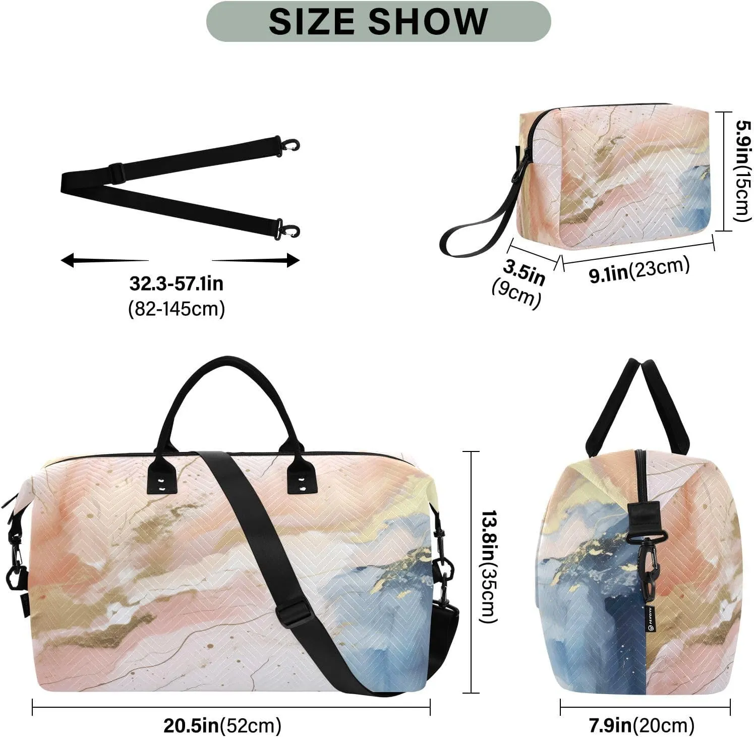 Blue Pink Golden Marble Travel Duffle Bag Gym Bag Weekender Bags Carry On Bag Quilt Overnight Bag with Make Up Bag for Women Trip Ladies Airplane Travel Essentials Gifts