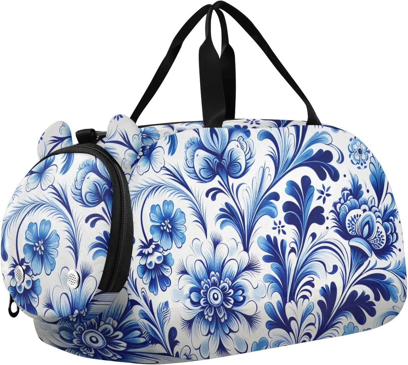 Blue White Floral Tile Duffle Bag for Girl, Sports Duffle Gym Bags with Shoe Compartment, Personalized Overnight Bag Travel Weekender for Kids