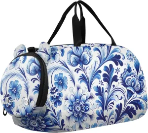 Blue White Floral Tile Duffle Bag for Girl, Sports Duffle Gym Bags with Shoe Compartment, Personalized Overnight Bag Travel Weekender for Kids