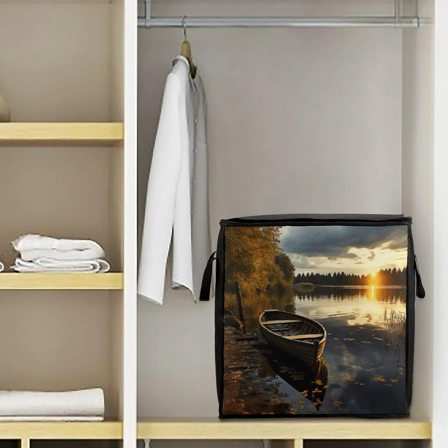 Boat at Lake ShoreStorage Bag Large Blanket Storage Bag Bedding Storage Container Quilt Storage Bag With Zipper for Easy Storage Of Clothes Pillows And Toys