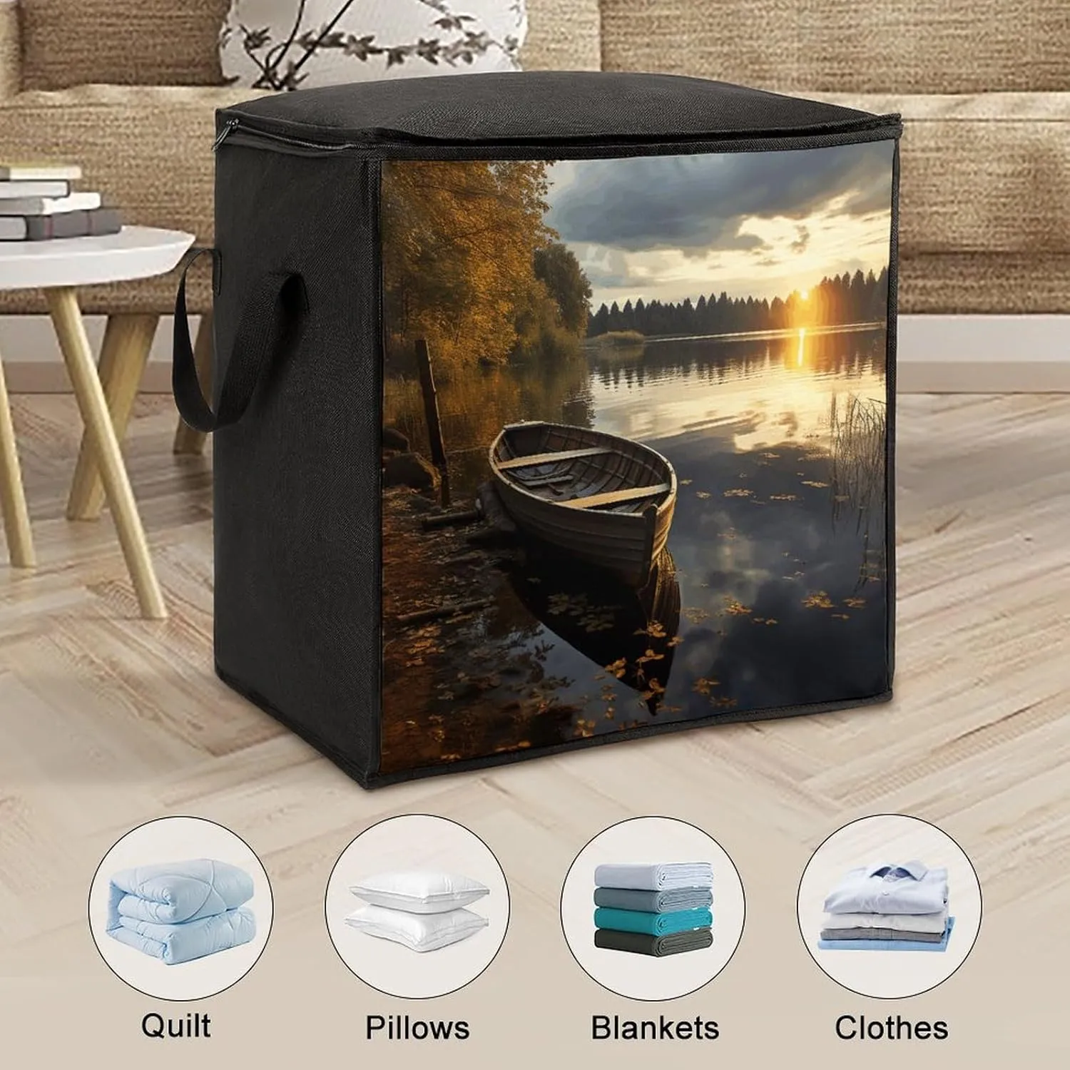 Boat at Lake ShoreStorage Bag Large Blanket Storage Bag Bedding Storage Container Quilt Storage Bag With Zipper for Easy Storage Of Clothes Pillows And Toys