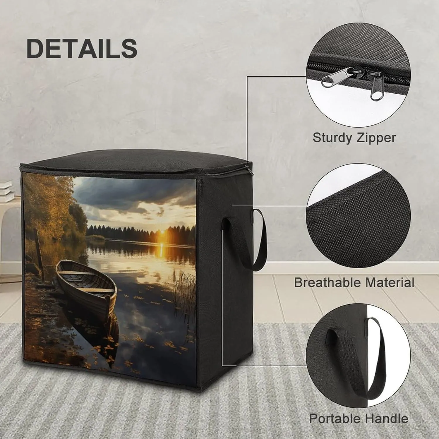 Boat at Lake ShoreStorage Bag Large Blanket Storage Bag Bedding Storage Container Quilt Storage Bag With Zipper for Easy Storage Of Clothes Pillows And Toys