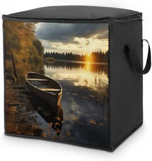 Boat at Lake ShoreStorage Bag Large Blanket Storage Bag Bedding Storage Container Quilt Storage Bag With Zipper for Easy Storage Of Clothes Pillows And Toys