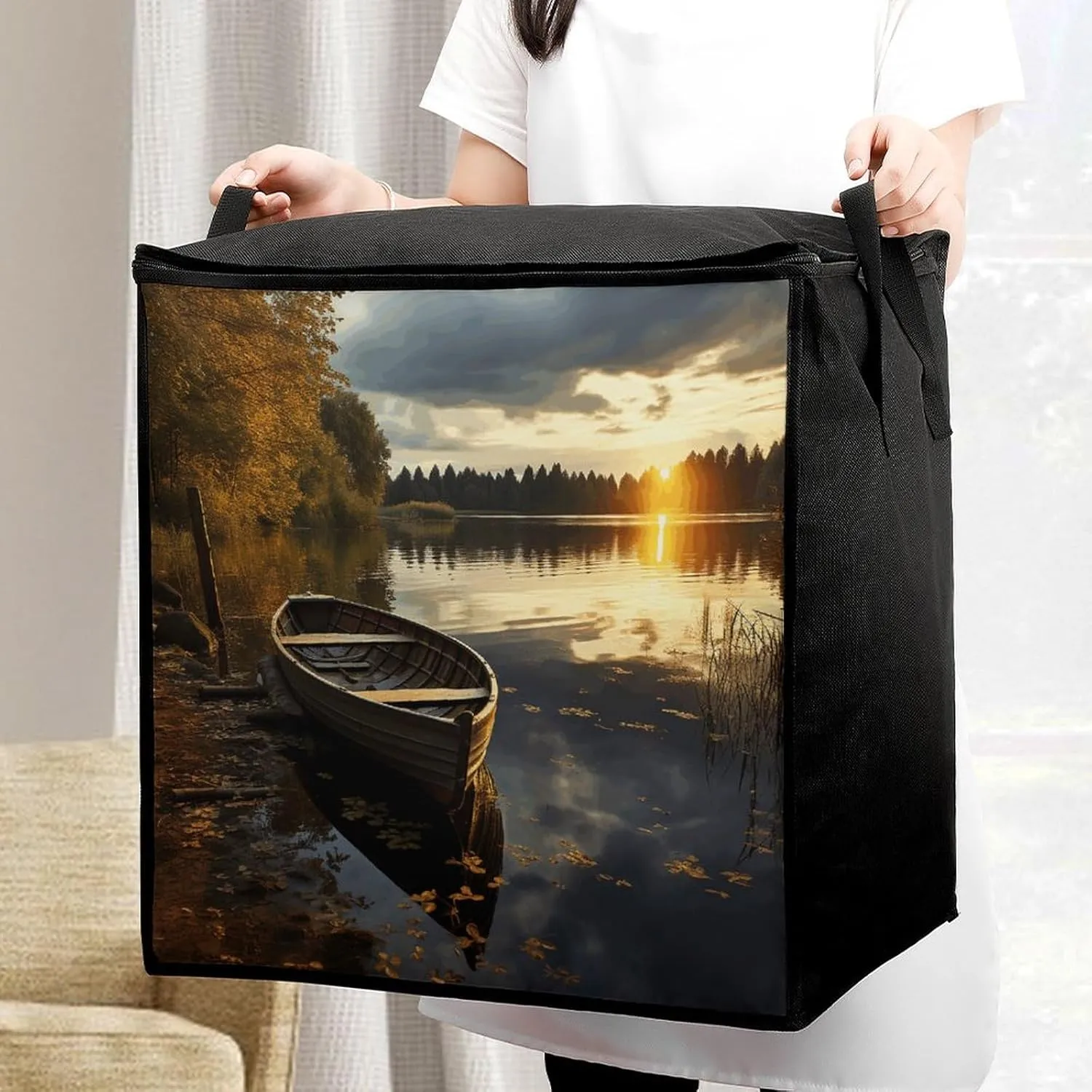 Boat at Lake ShoreStorage Bag Large Blanket Storage Bag Bedding Storage Container Quilt Storage Bag With Zipper for Easy Storage Of Clothes Pillows And Toys