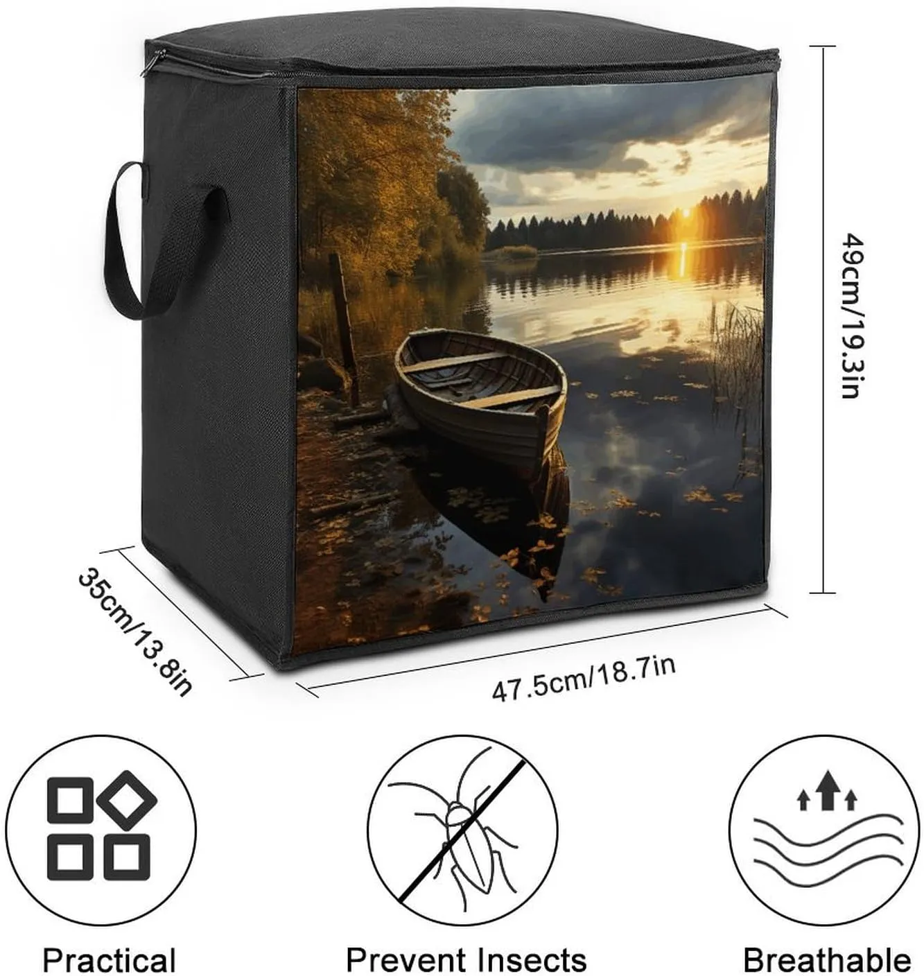 Boat at Lake ShoreStorage Bag Large Blanket Storage Bag Bedding Storage Container Quilt Storage Bag With Zipper for Easy Storage Of Clothes Pillows And Toys