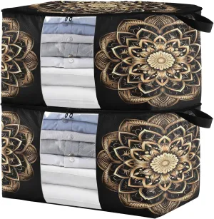 Boho Mandala Golden Clothes Storage Bag Bins 2 Pack Foldable Storage Containers Large Closet Organizer with Zipper Quilt Bag for Bed Sheets Clothing Comforters 60L