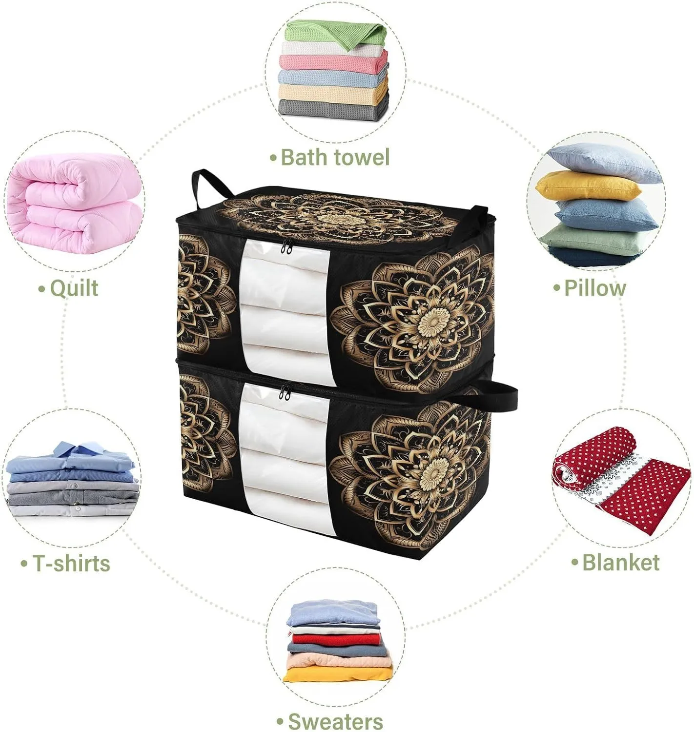 Boho Mandala Golden Clothes Storage Bag Bins 2 Pack Foldable Storage Containers Large Closet Organizer with Zipper Quilt Bag for Bed Sheets Clothing Comforters 60L