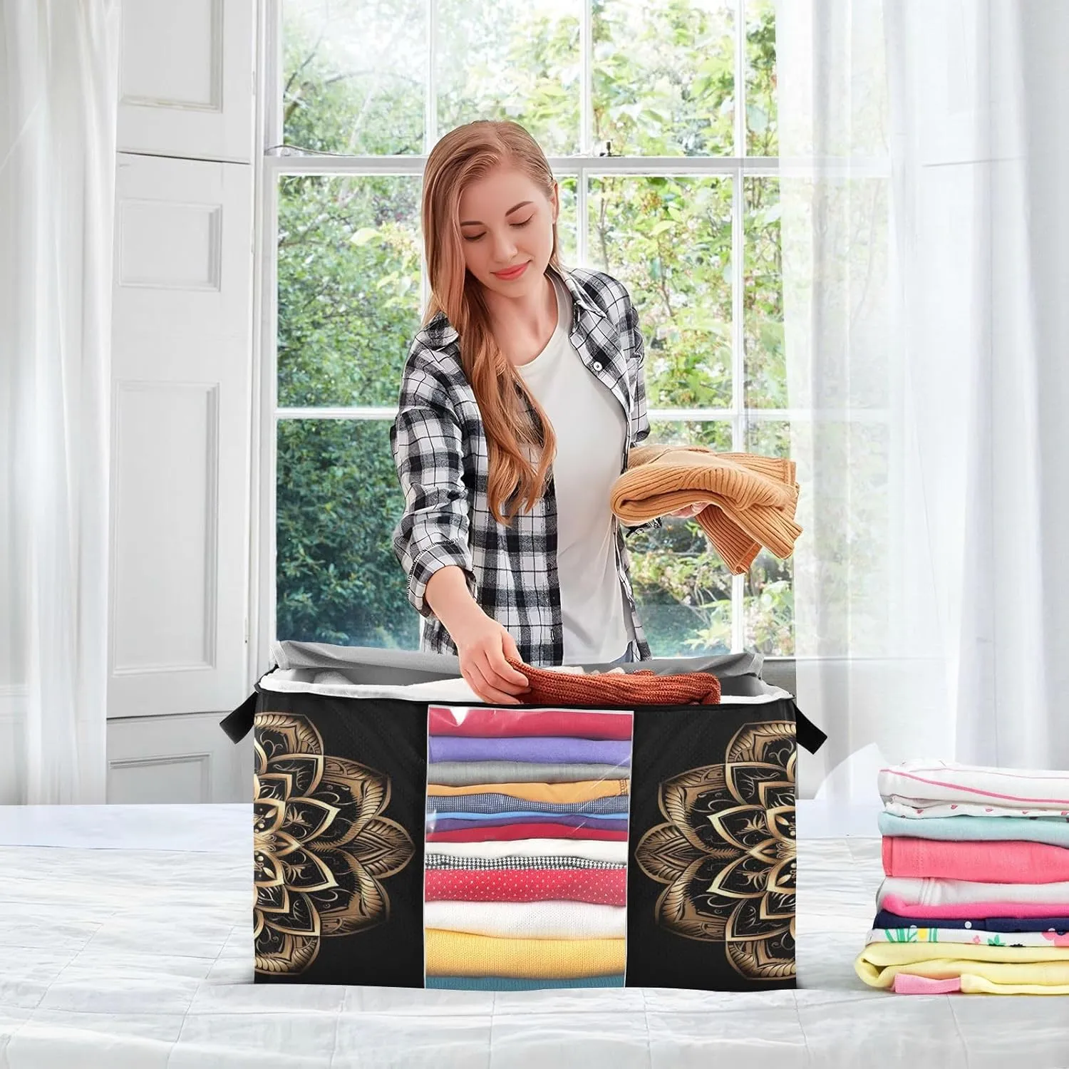 Boho Mandala Golden Clothes Storage Bag Bins 2 Pack Foldable Storage Containers Large Closet Organizer with Zipper Quilt Bag for Bed Sheets Clothing Comforters 60L
