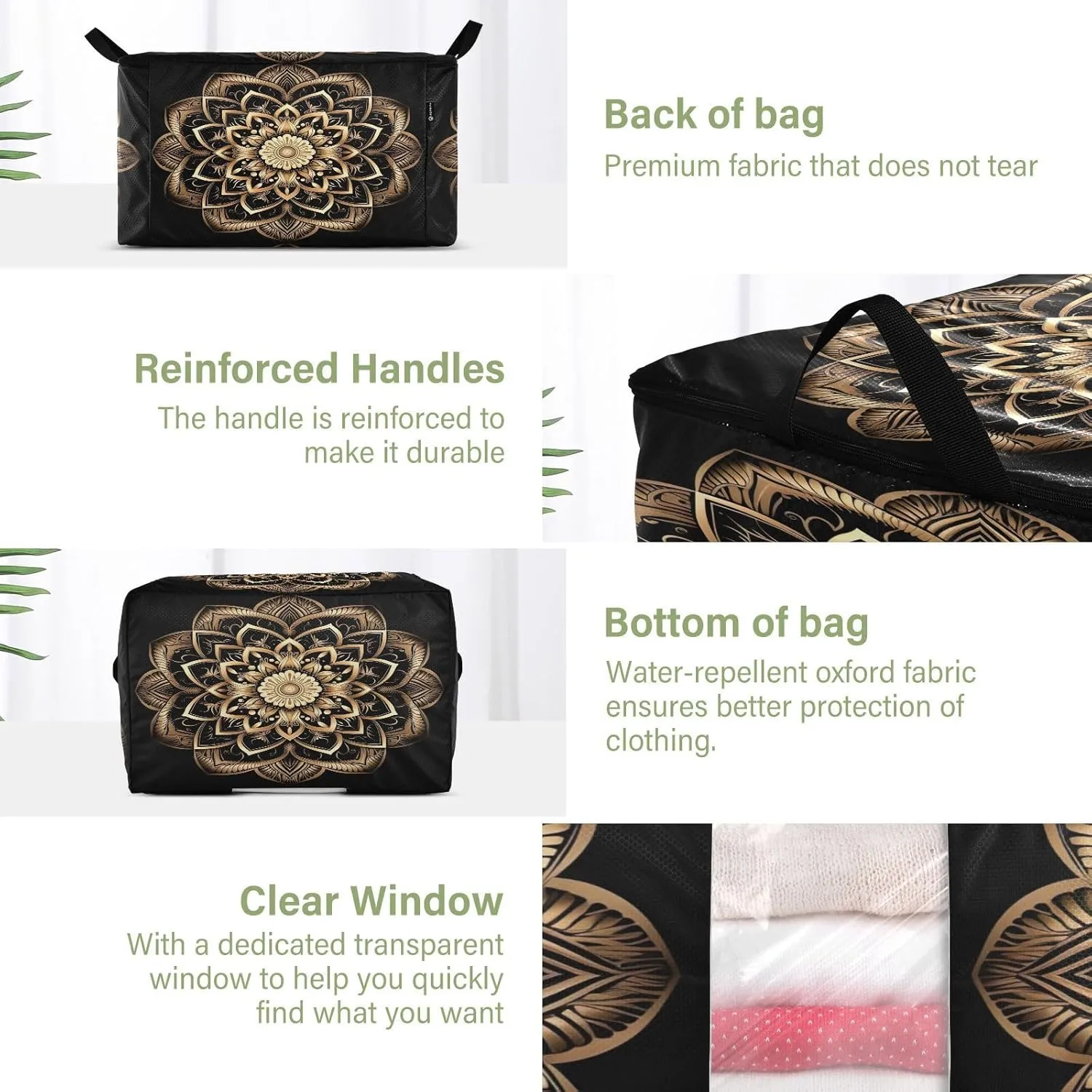 Boho Mandala Golden Clothes Storage Bag Bins 2 Pack Foldable Storage Containers Large Closet Organizer with Zipper Quilt Bag for Bed Sheets Clothing Comforters 60L