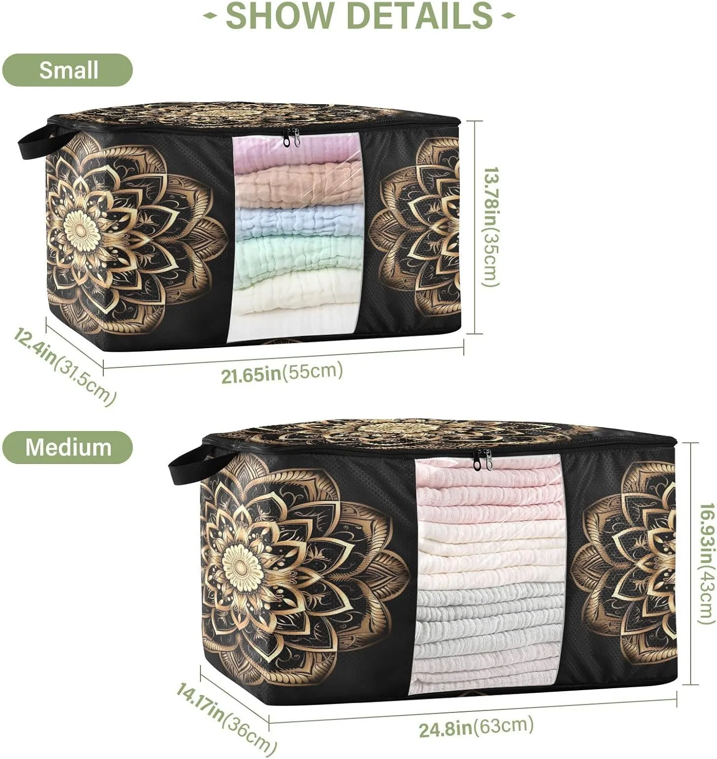 Boho Mandala Golden Clothes Storage Bag Bins 2 Pack Foldable Storage Containers Large Closet Organizer with Zipper Quilt Bag for Bed Sheets Clothing Comforters 60L