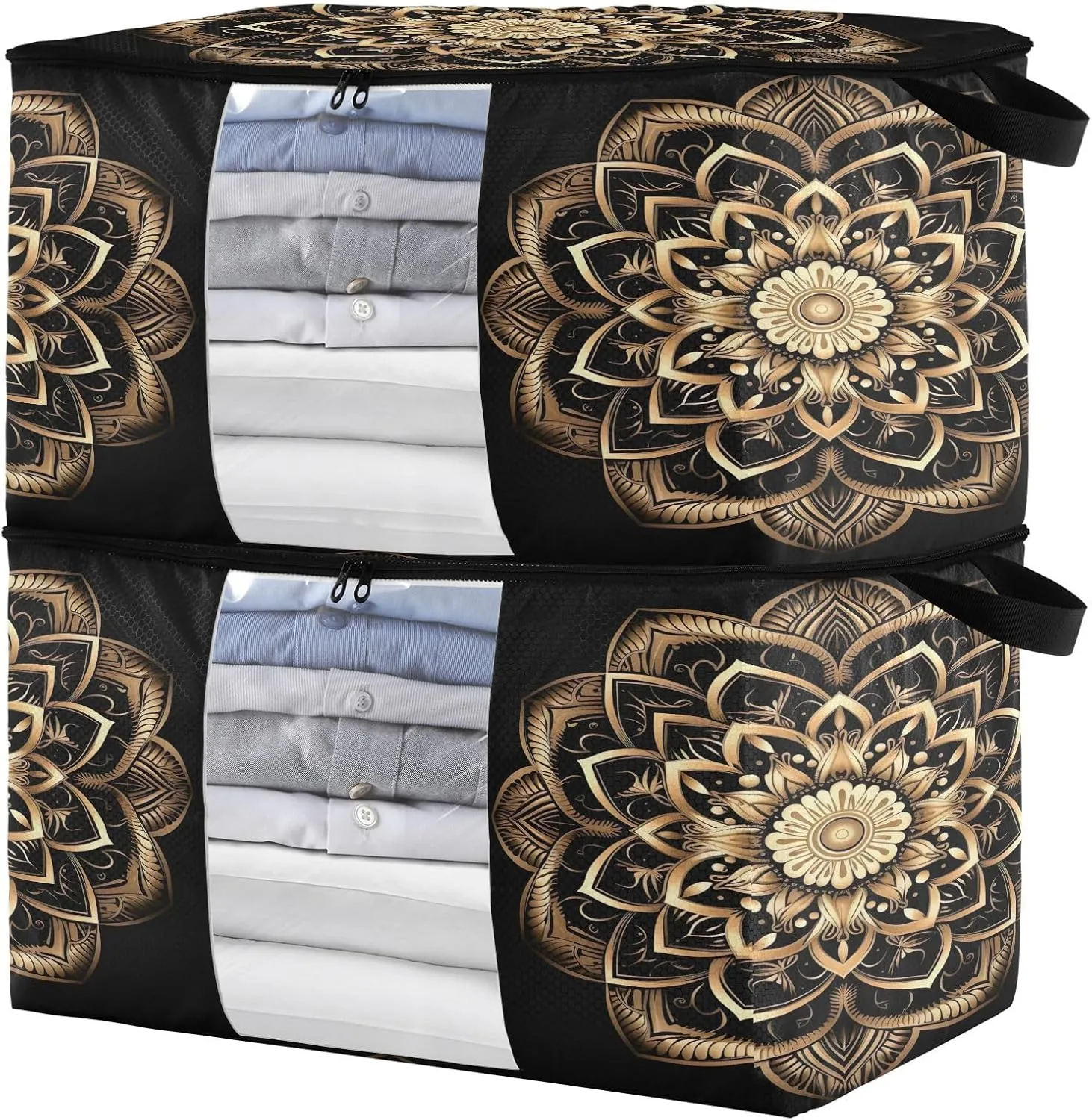 Boho Mandala Golden Clothes Storage Bag Bins 2 Pack Foldable Storage Containers Large Closet Organizer with Zipper Quilt Bag for Bed Sheets Clothing Comforters 60L