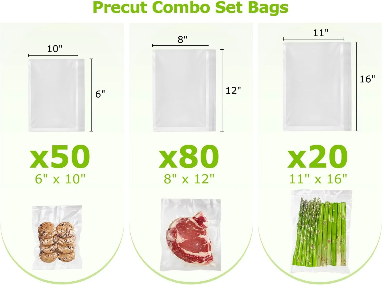 Bonsenkitchen Precut Vacuum Sealer Bags, 20 Gallon 11" x 16"  80 Quart 8" x 12"  50 Pint 6" x 10", Commercial Grade, BPA Free, Food Sealer Bags for Vac Storage, Meal Prep or Sous Vide Cooking, VB15