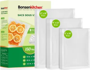 Bonsenkitchen Precut Vacuum Sealer Bags, 20 Gallon 11" x 16"  80 Quart 8" x 12"  50 Pint 6" x 10", Commercial Grade, BPA Free, Food Sealer Bags for Vac Storage, Meal Prep or Sous Vide Cooking, VB15