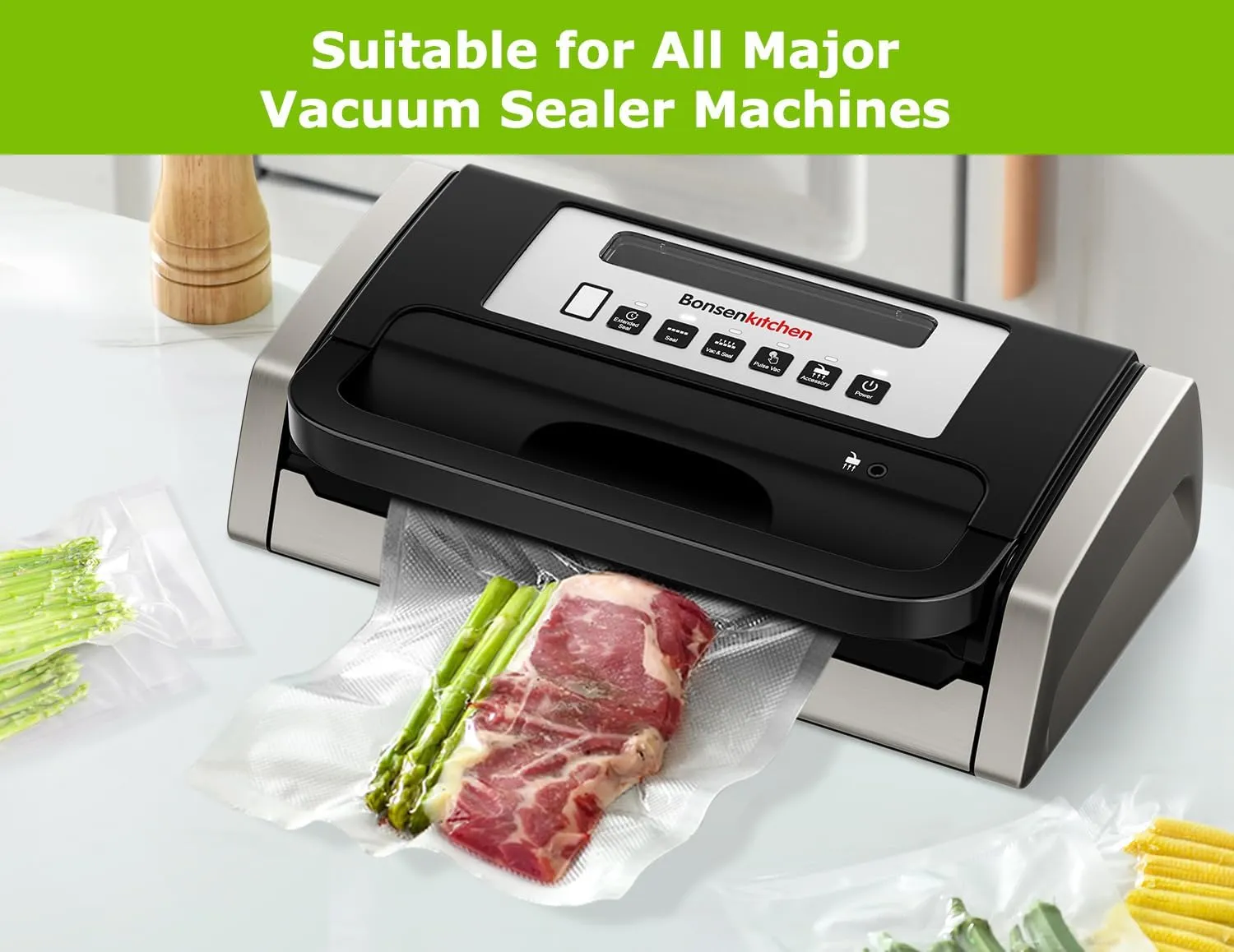 Bonsenkitchen Precut Vacuum Sealer Bags, 20 Gallon 11" x 16"  80 Quart 8" x 12"  50 Pint 6" x 10", Commercial Grade, BPA Free, Food Sealer Bags for Vac Storage, Meal Prep or Sous Vide Cooking, VB15