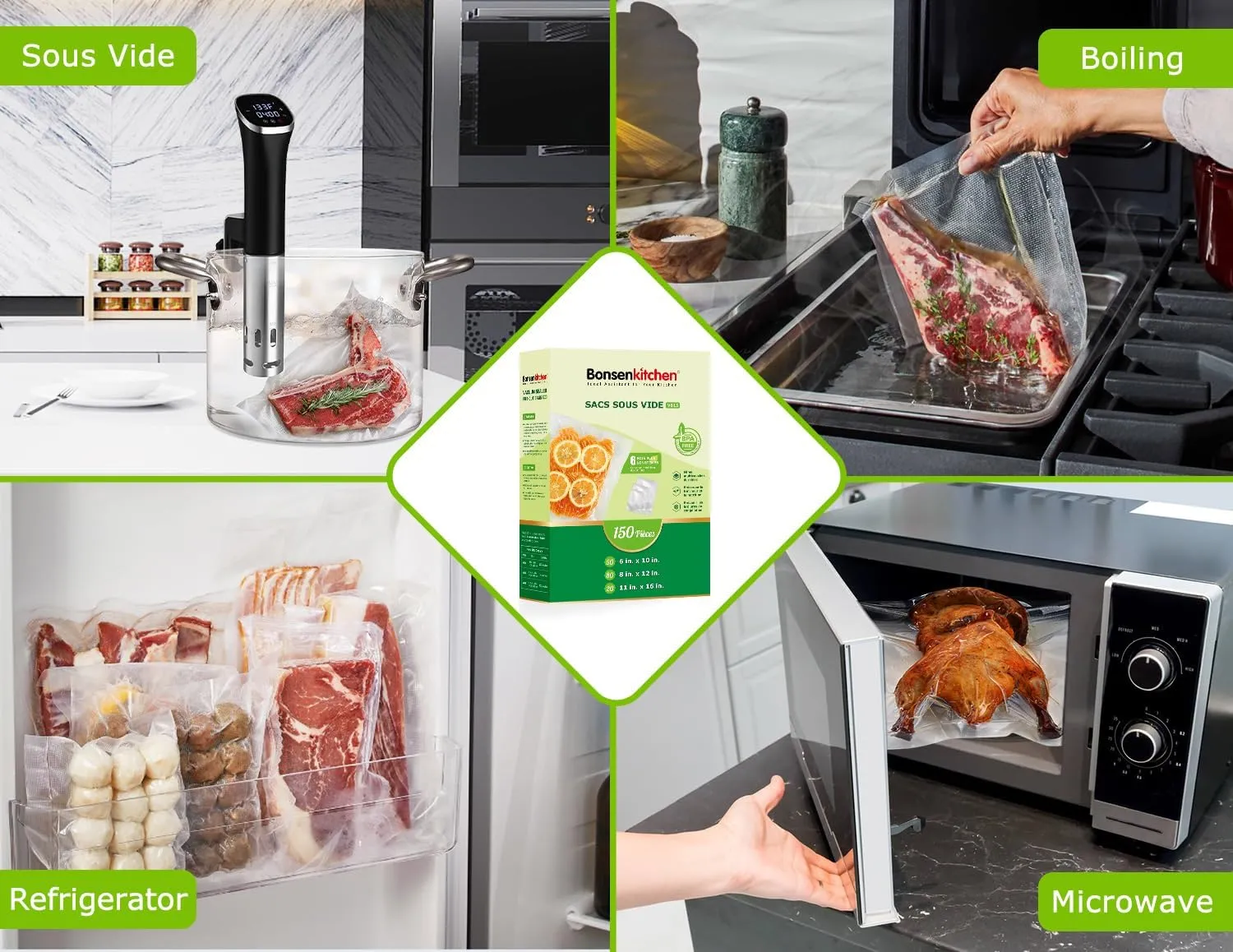 Bonsenkitchen Precut Vacuum Sealer Bags, 20 Gallon 11" x 16"  80 Quart 8" x 12"  50 Pint 6" x 10", Commercial Grade, BPA Free, Food Sealer Bags for Vac Storage, Meal Prep or Sous Vide Cooking, VB15
