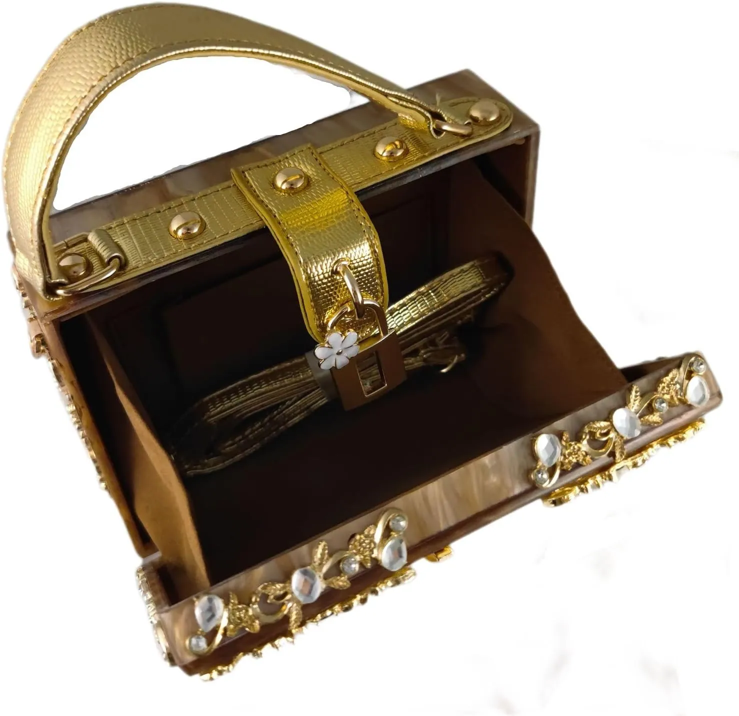 Boutique De FGG Acrylic & Flower Designer Shoulder Bags for Women Crossbody Bag Rhinestones Box Tote Evening Handbags,Small
