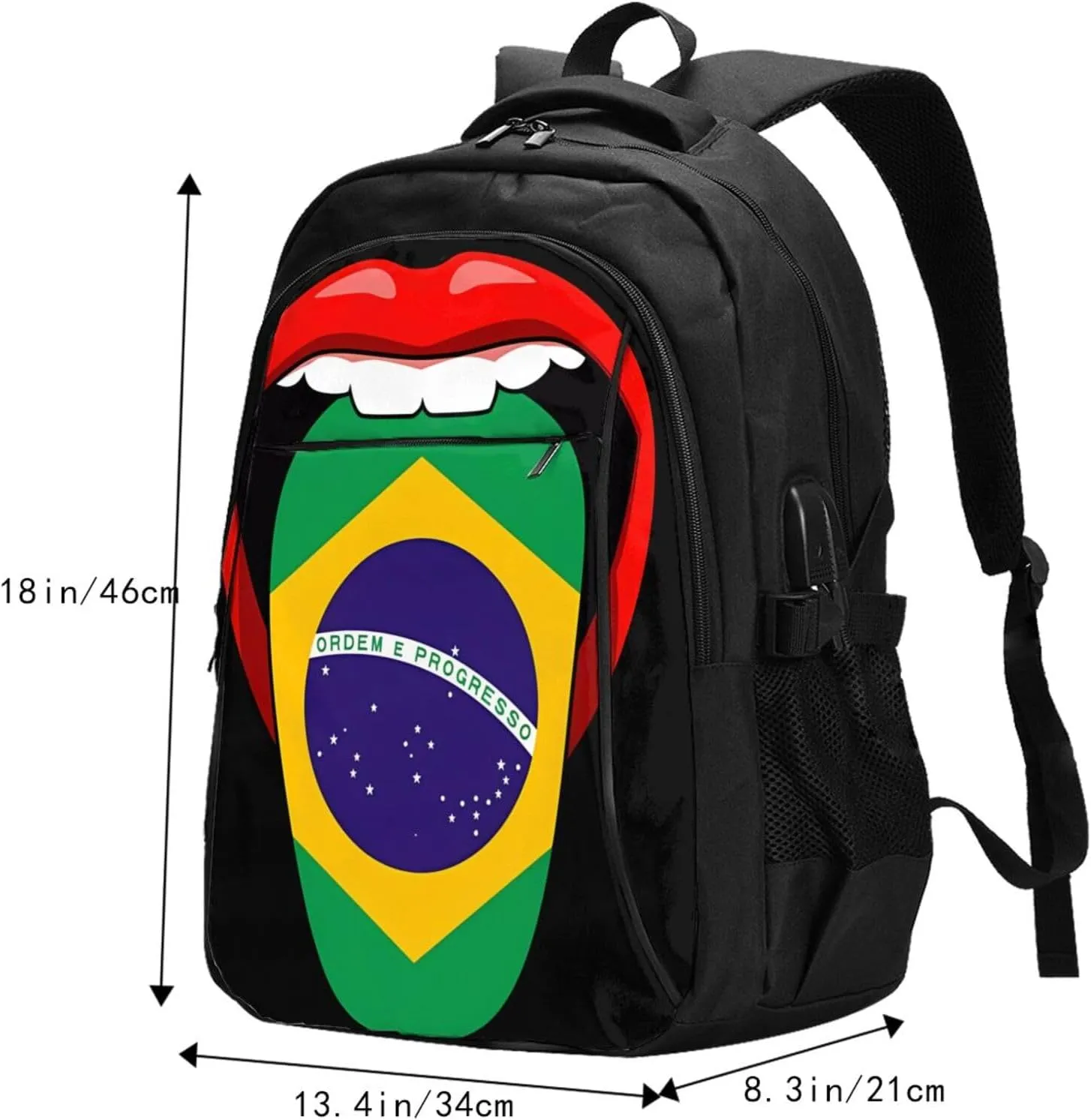 Brazil Brazilian Flag Tongue Pride Casual Travel Backpacks Hiking Camping Backpack Large Outdoor Sport Daypack Laptop Rucksack Climbing Working Bags with USB Port