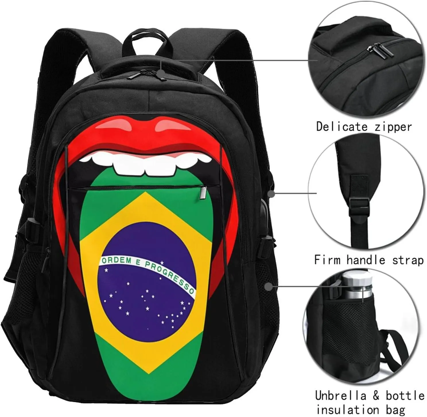 Brazil Brazilian Flag Tongue Pride Casual Travel Backpacks Hiking Camping Backpack Large Outdoor Sport Daypack Laptop Rucksack Climbing Working Bags with USB Port