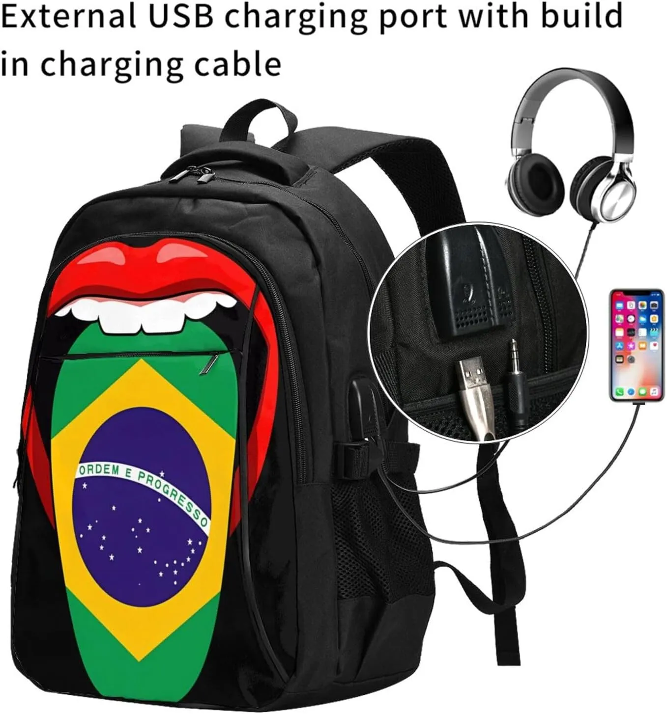 Brazil Brazilian Flag Tongue Pride Casual Travel Backpacks Hiking Camping Backpack Large Outdoor Sport Daypack Laptop Rucksack Climbing Working Bags with USB Port