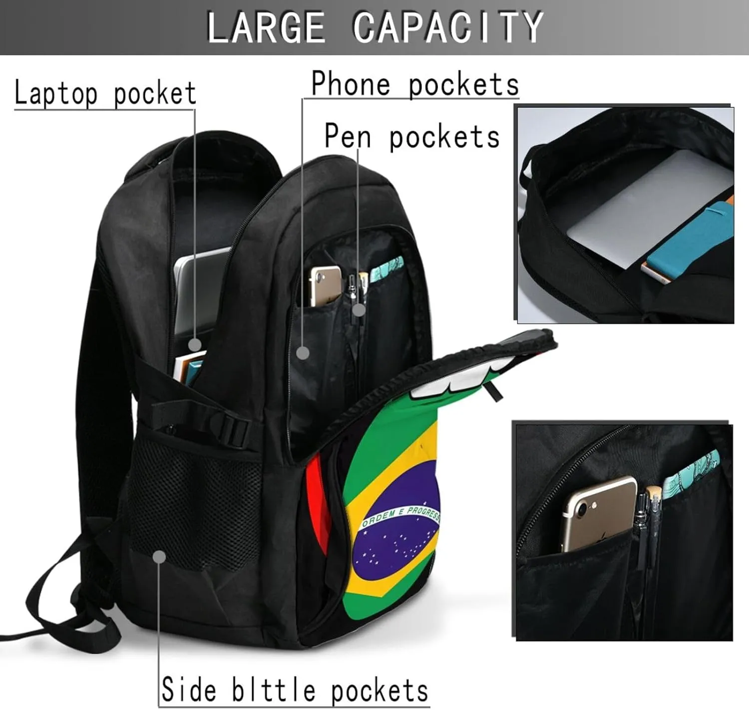Brazil Brazilian Flag Tongue Pride Casual Travel Backpacks Hiking Camping Backpack Large Outdoor Sport Daypack Laptop Rucksack Climbing Working Bags with USB Port