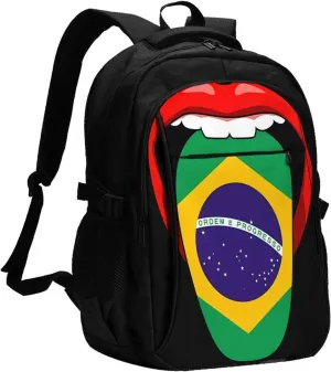 Brazil Brazilian Flag Tongue Pride Casual Travel Backpacks Hiking Camping Backpack Large Outdoor Sport Daypack Laptop Rucksack Climbing Working Bags with USB Port