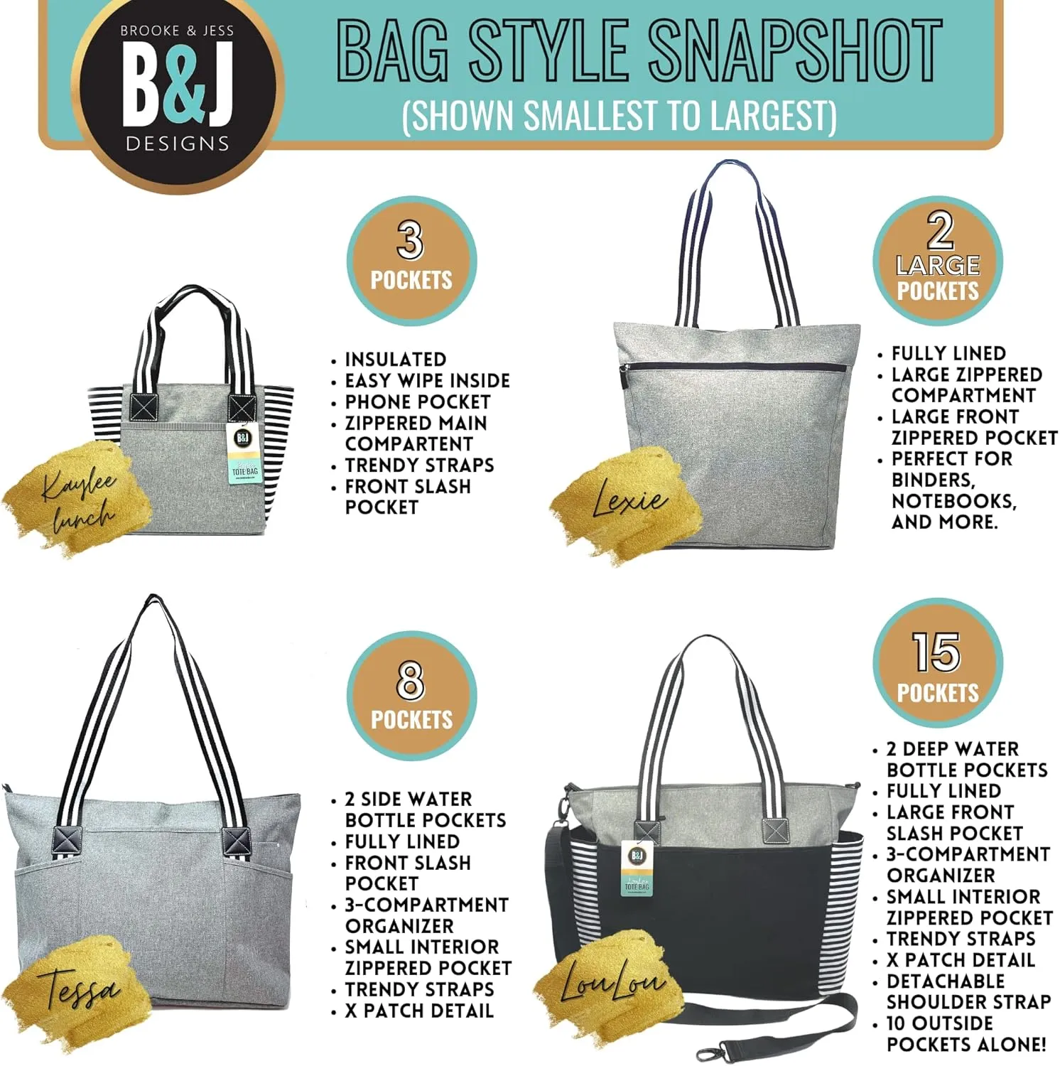 Brooke & Jess Designs Teacher Tote Bag for Work - Teacher Handbag Gifts for Women, Teacher Bag Best Teacher Appreciation Gift