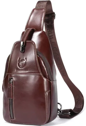 BULLCAPTAIN Genuine Leather Sling Bag Mens Crossbody Backpack Hiking Casual Daypack Shoulder Chest Bag with USB Charging Port