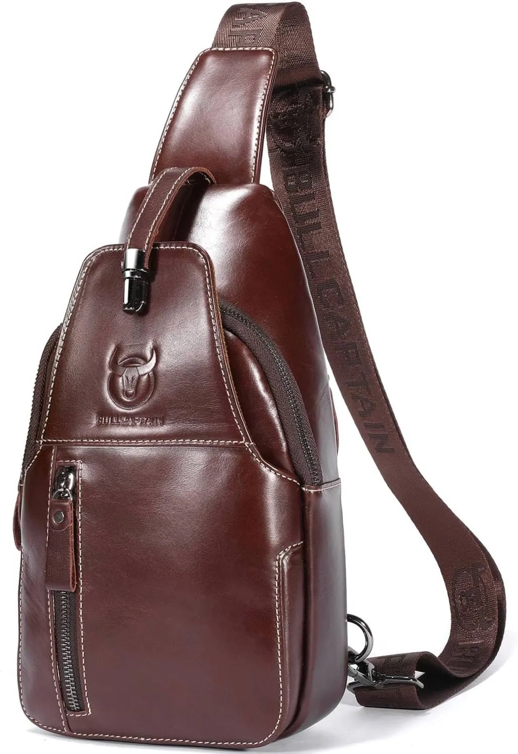 BULLCAPTAIN Genuine Leather Sling Bag Mens Crossbody Backpack Hiking Casual Daypack Shoulder Chest Bag with USB Charging Port