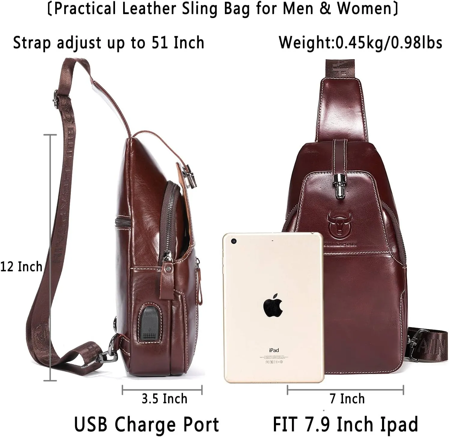 BULLCAPTAIN Genuine Leather Sling Bag Mens Crossbody Backpack Hiking Casual Daypack Shoulder Chest Bag with USB Charging Port