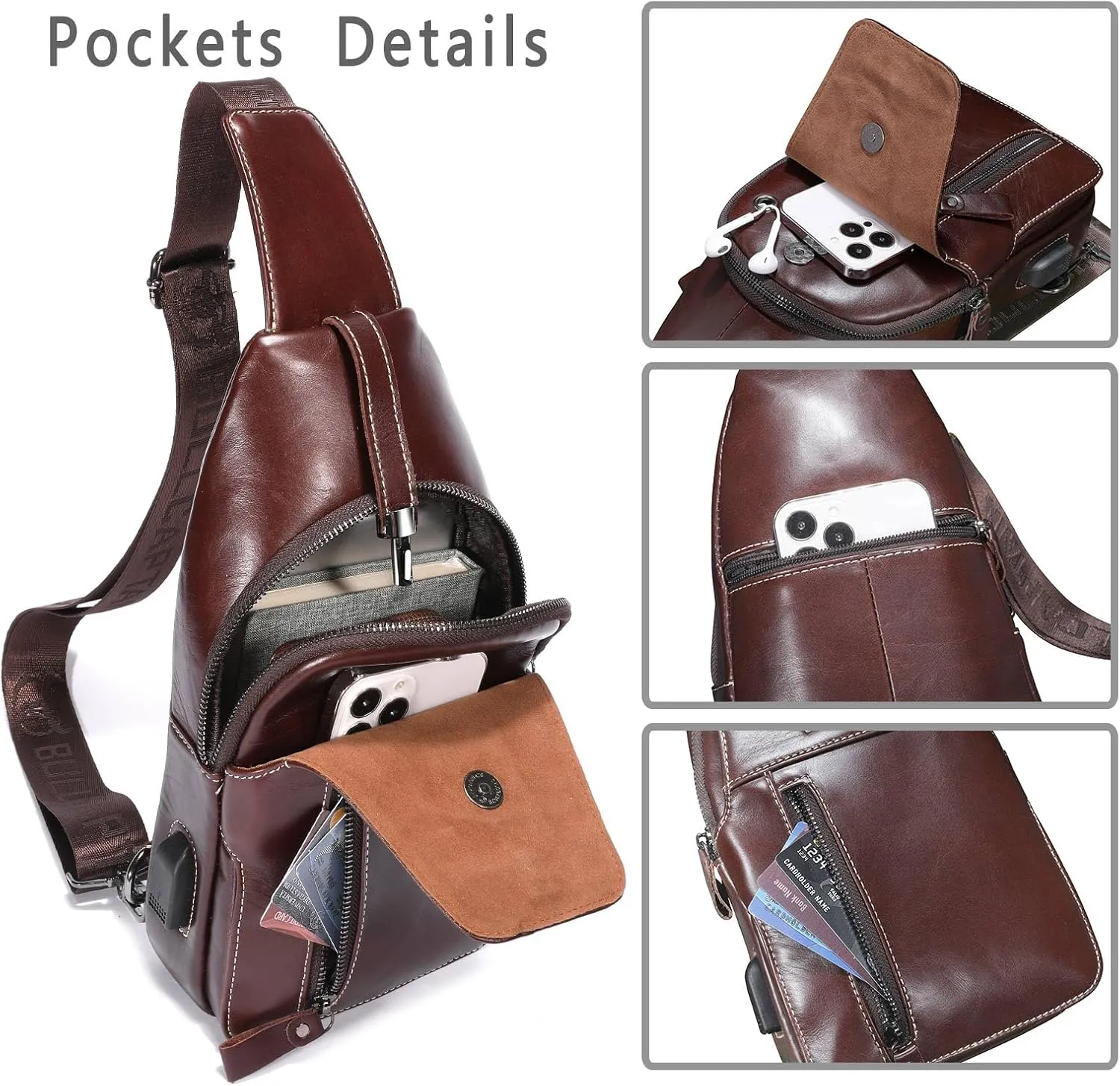 BULLCAPTAIN Genuine Leather Sling Bag Mens Crossbody Backpack Hiking Casual Daypack Shoulder Chest Bag with USB Charging Port