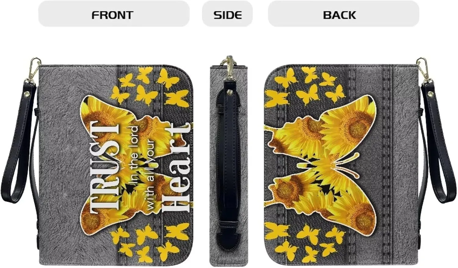 Butterfly Type Sunflower Bible Case Bible Covers for Women Bible Protective with Leather Handle Zippered Pockets Girls Gifts Christain Bible Organizer