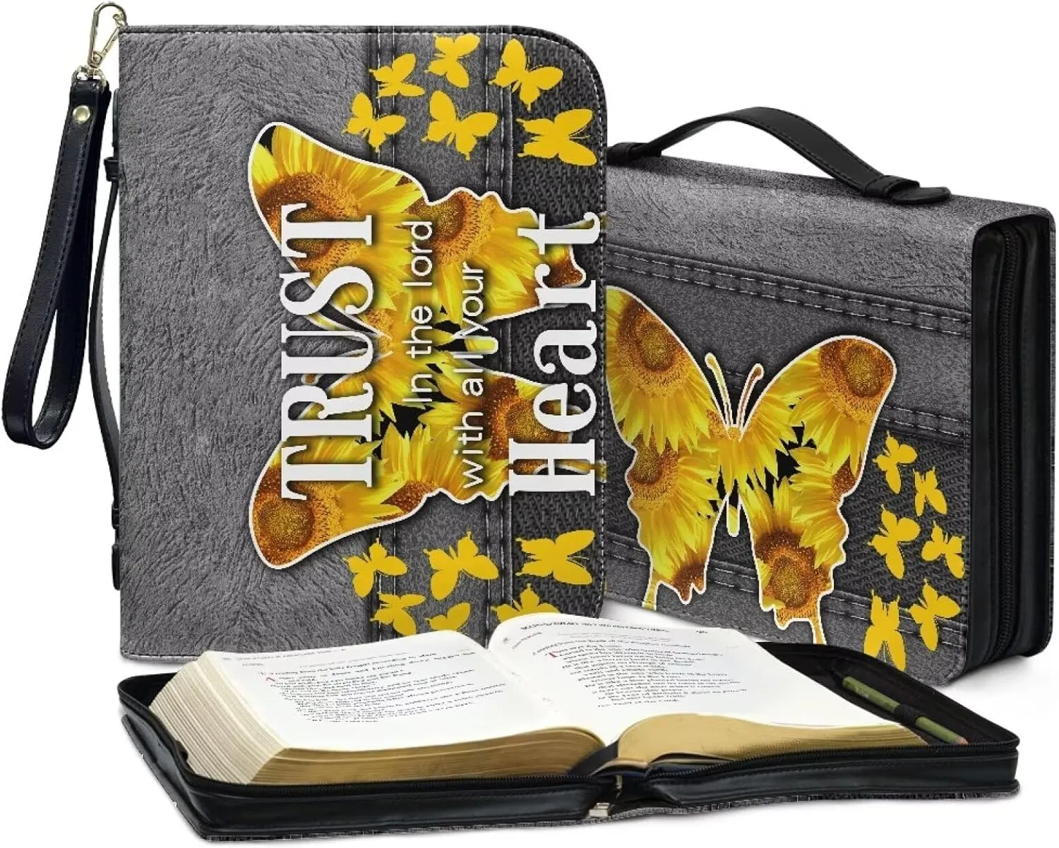 Butterfly Type Sunflower Bible Case Bible Covers for Women Bible Protective with Leather Handle Zippered Pockets Girls Gifts Christain Bible Organizer