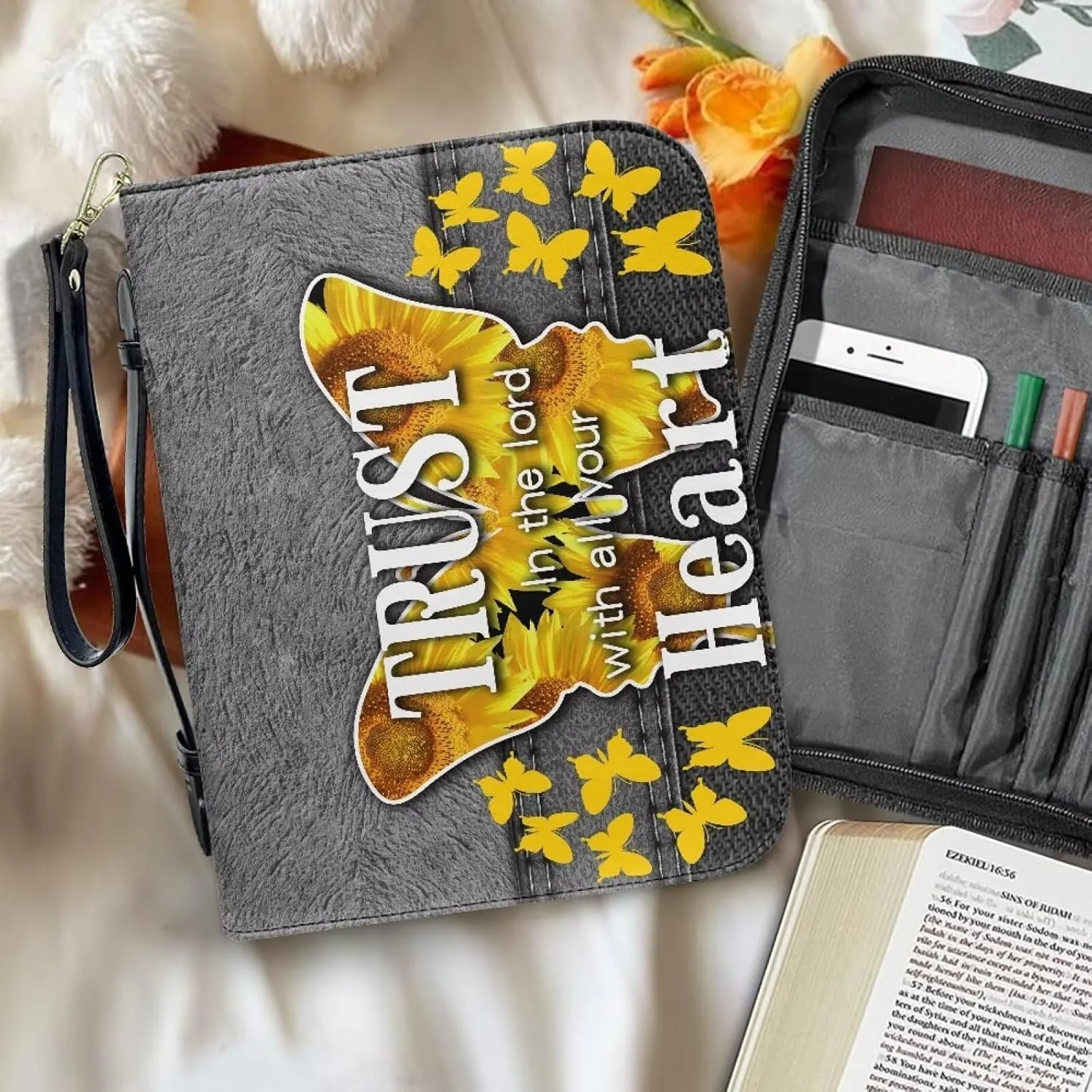 Butterfly Type Sunflower Bible Case Bible Covers for Women Bible Protective with Leather Handle Zippered Pockets Girls Gifts Christain Bible Organizer