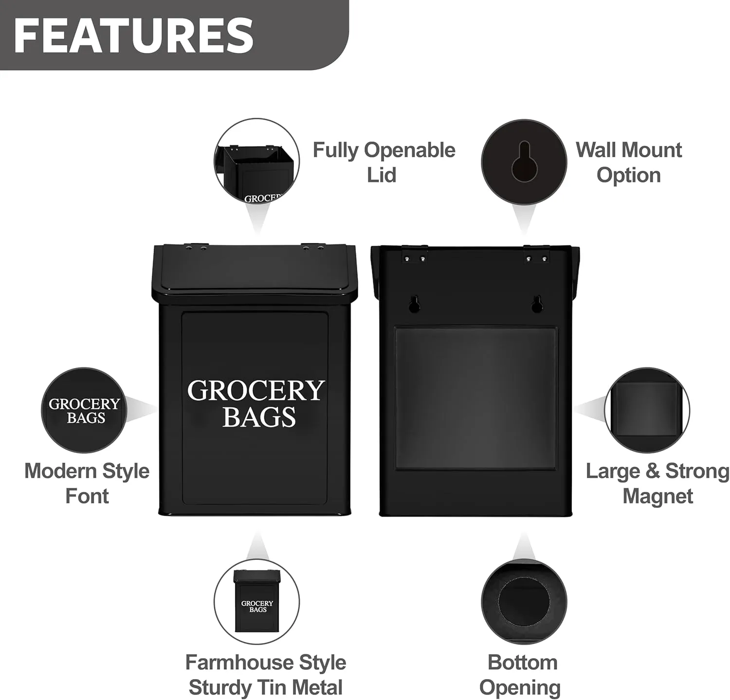 Calindiana Modern Farmhouse Metal Magnetic Grocery Bags Holder for Plastic Bags with LId and Kitchen Organizer and Storage Wall Mount Grocery Bag Dispenser Space Saving, Black