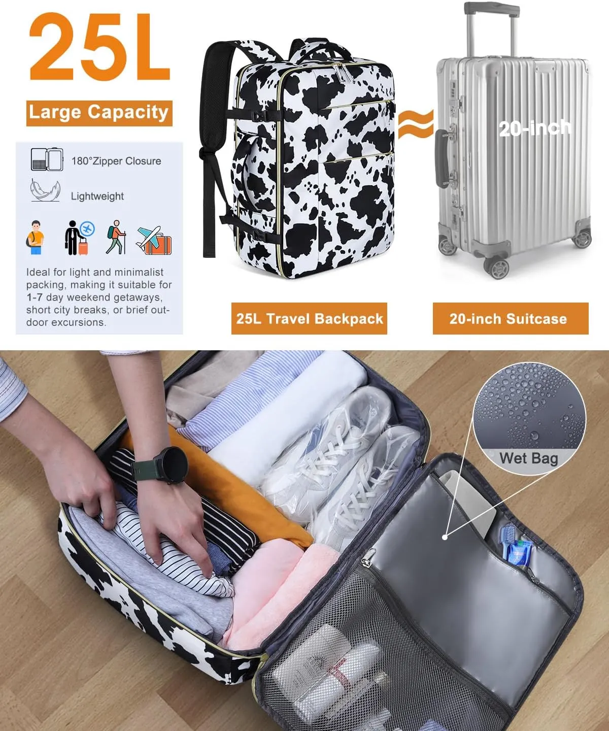 Capolo Travel Backpack for Women Men Waterproof Laptop Backpack Airlines Approved Carry On Backpack Bag Computer Bag for Business, Work, Traveling Fits 17 Inch Laptop(Cow Print)