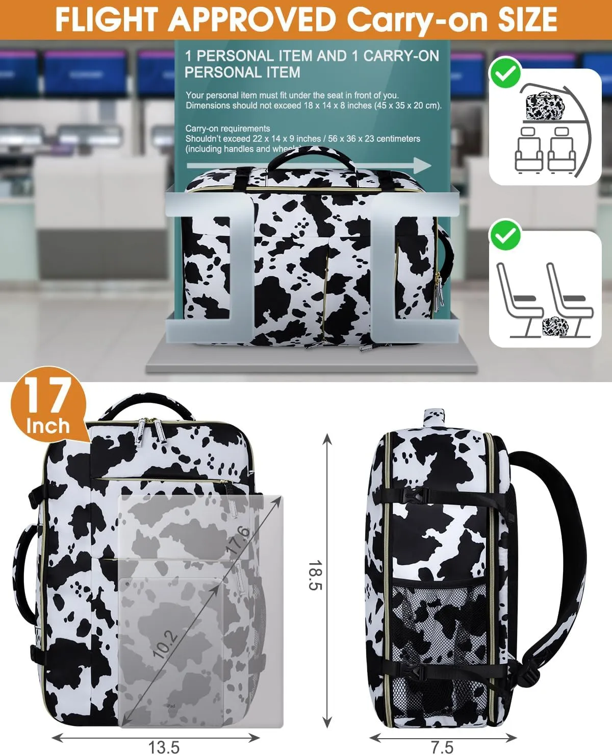 Capolo Travel Backpack for Women Men Waterproof Laptop Backpack Airlines Approved Carry On Backpack Bag Computer Bag for Business, Work, Traveling Fits 17 Inch Laptop(Cow Print)