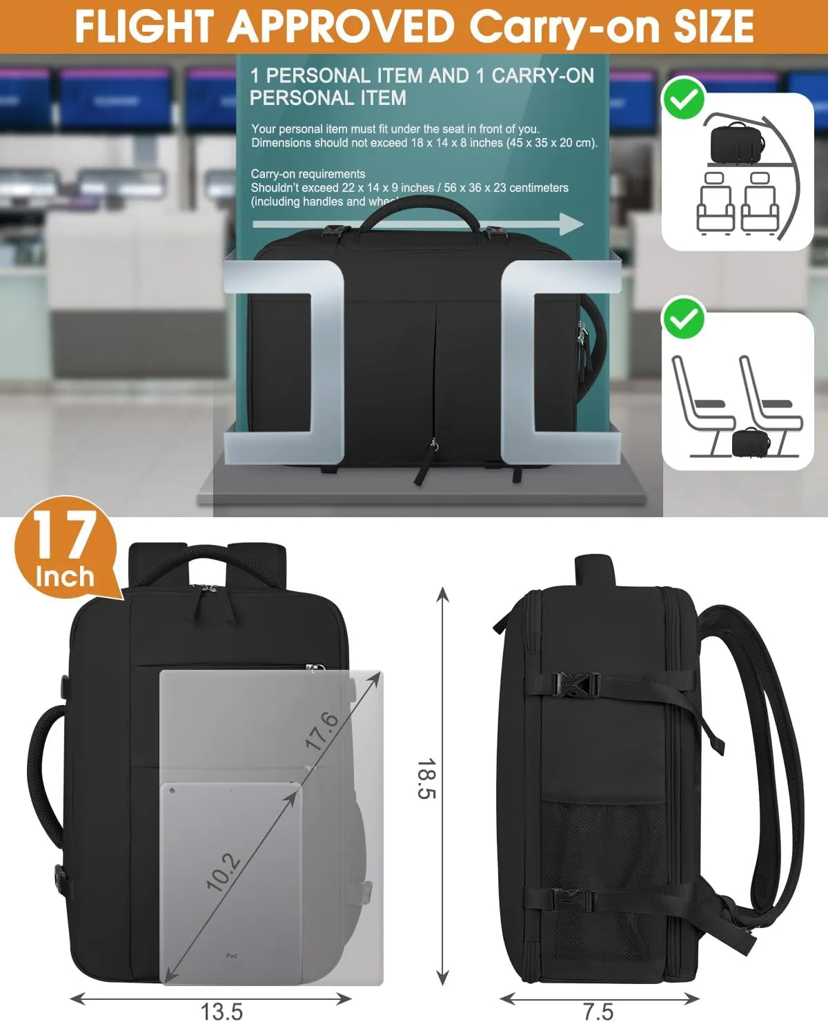 Capolo Travel Backpack for Women Men Waterproof Laptop Backpack Airlines Approved Carry On Backpack Bag Computer Bookbag for Business, Work, Traveling Fits 17 Inch Laptop(Black Zipper)