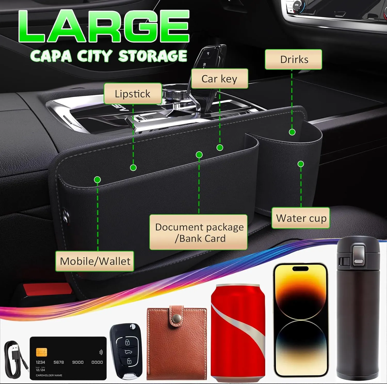 Car Leather Cup Holder Gap Bag, Car Seat Gap Filler, Universal Seat Gap Organizer, Adjustable Car Seat Storage Box, for Phones Glasses Keys Cards (Black, Driver's Seat)