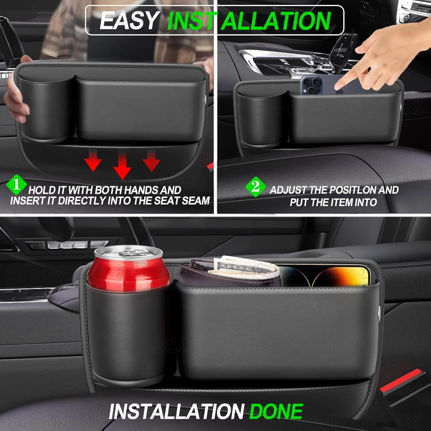 Car Leather Cup Holder Gap Bag, Car Seat Gap Filler, Universal Seat Gap Organizer, Adjustable Car Seat Storage Box, for Phones Glasses Keys Cards (Black, Driver's Seat)
