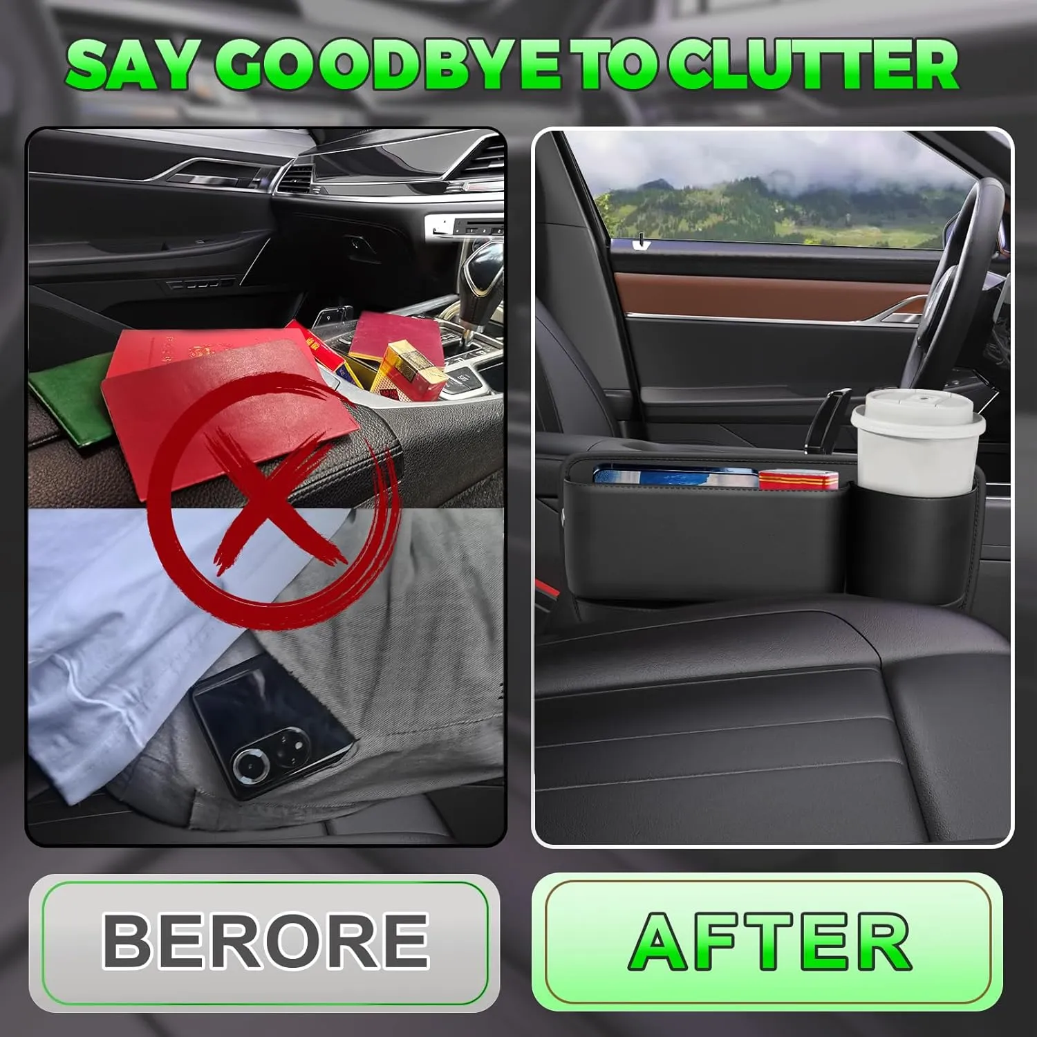 Car Leather Cup Holder Gap Bag, Car Seat Gap Filler, Universal Seat Gap Organizer, Adjustable Car Seat Storage Box, for Phones Glasses Keys Cards (Black, Driver's Seat)