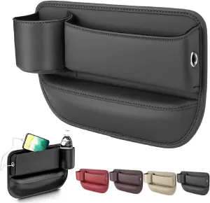 Car Leather Cup Holder Gap Bag, Car Seat Gap Filler, Universal Seat Gap Organizer, Adjustable Car Seat Storage Box, for Phones Glasses Keys Cards (Black, Driver's Seat)