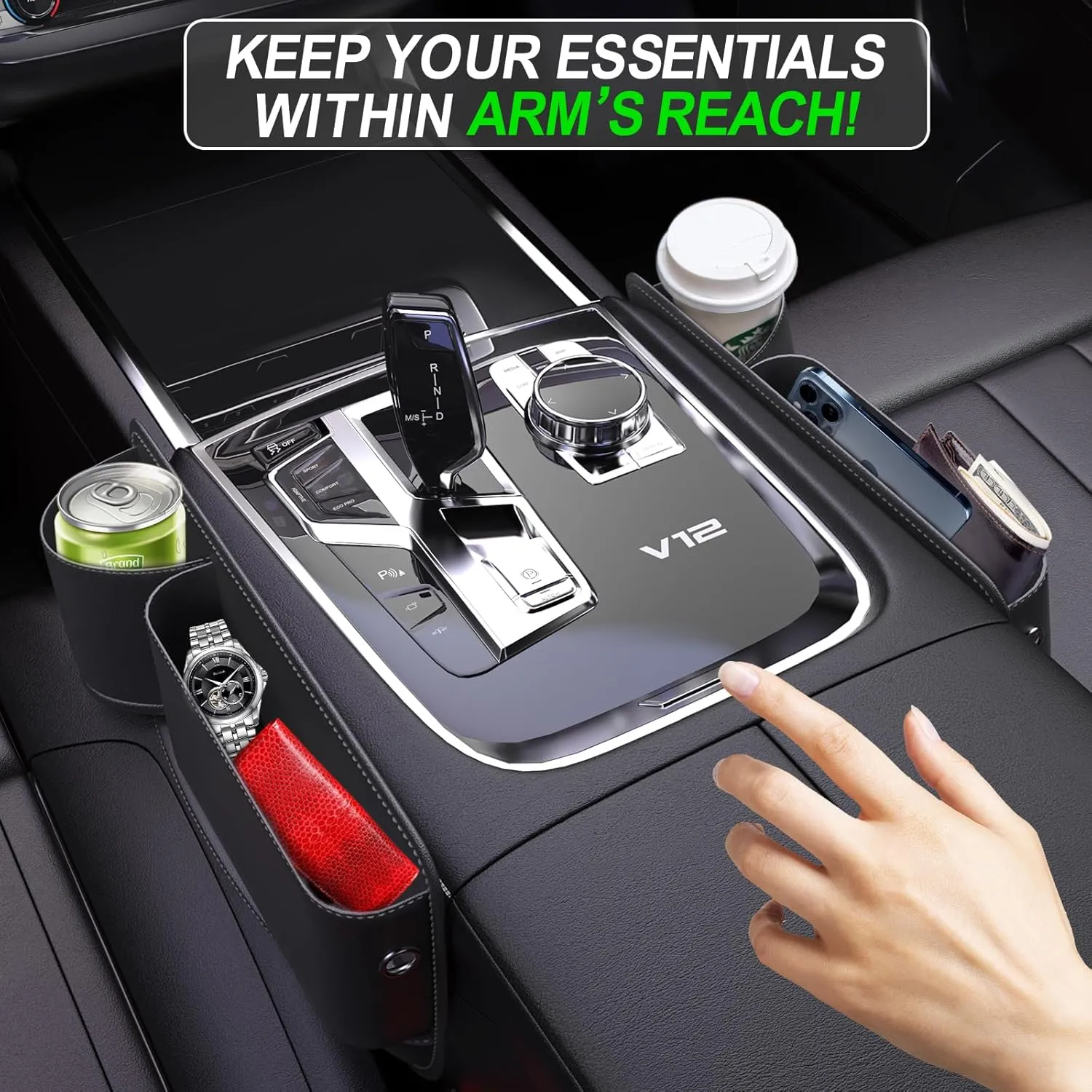 Car Leather Cup Holder Gap Bag, Car Seat Gap Filler, Universal Seat Gap Organizer, Adjustable Car Seat Storage Box, for Phones Glasses Keys Cards (Black, Driver's Seat)