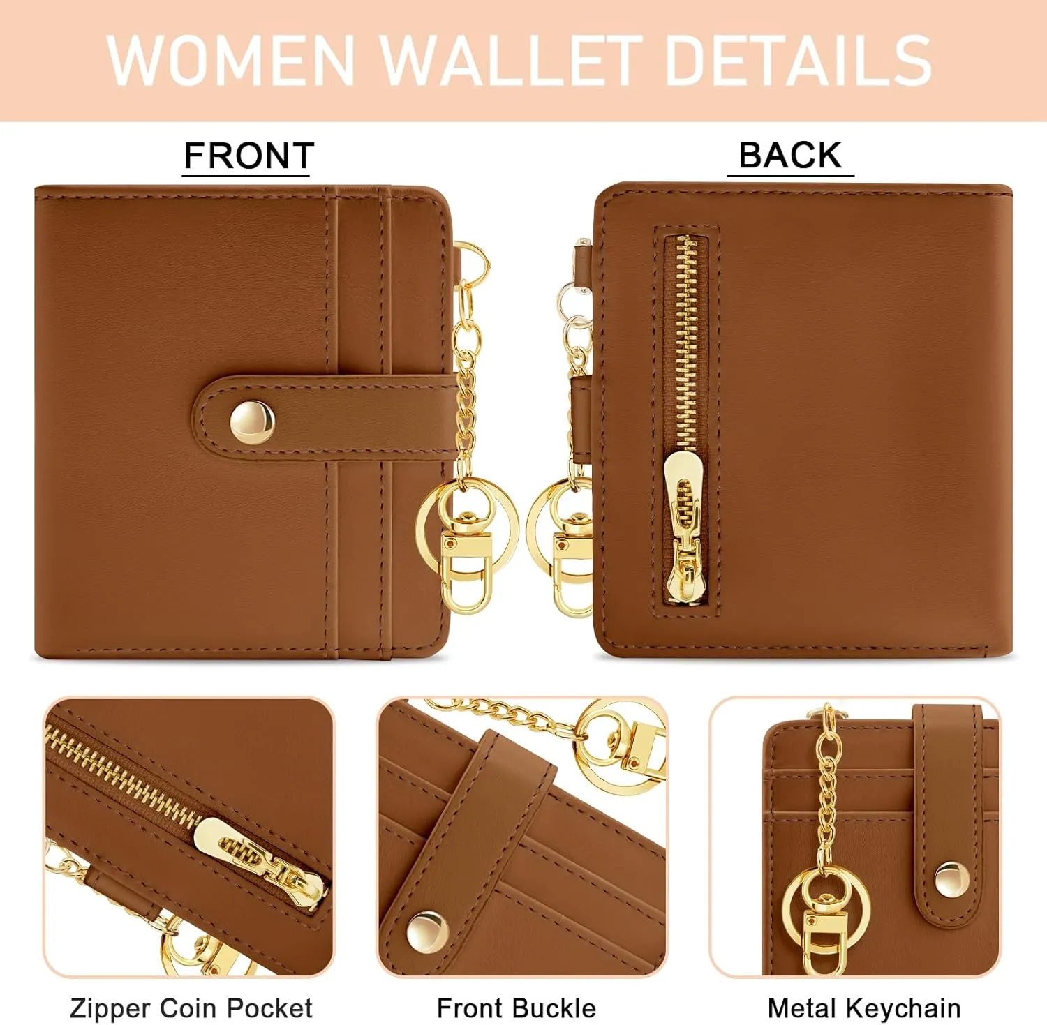 Caramel Rfid Ladies Wallet, Small Slim Thin Compact Credit Card Women Wallet, PU Leather Bifold Cash Zipper Coin Pocket ID Window for Female Gifts