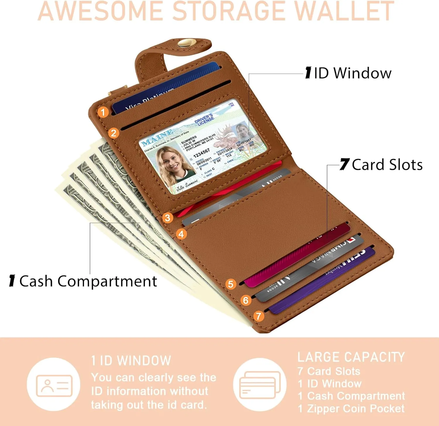 Caramel Rfid Ladies Wallet, Small Slim Thin Compact Credit Card Women Wallet, PU Leather Bifold Cash Zipper Coin Pocket ID Window for Female Gifts