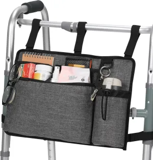Caroo Walker Bag Basket with Cup Holder Suit for Adult Folding Walkers Rollator Organizer Carry Storage Pouch Water-Resistant Armrest Accessories for Seniors, Elderly, Handicap, Gray