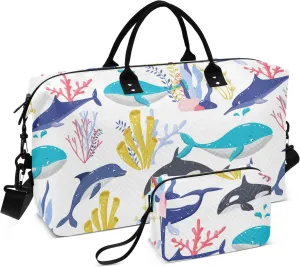 Cartoon Fishes Seaweeds Travel Duffle Bag Weekender Bags Carry On Bag Quilt Gym Bag Overnight Bag with Make Up Bag for Ladies Women Airplane Trip Travel Essentials Gifts